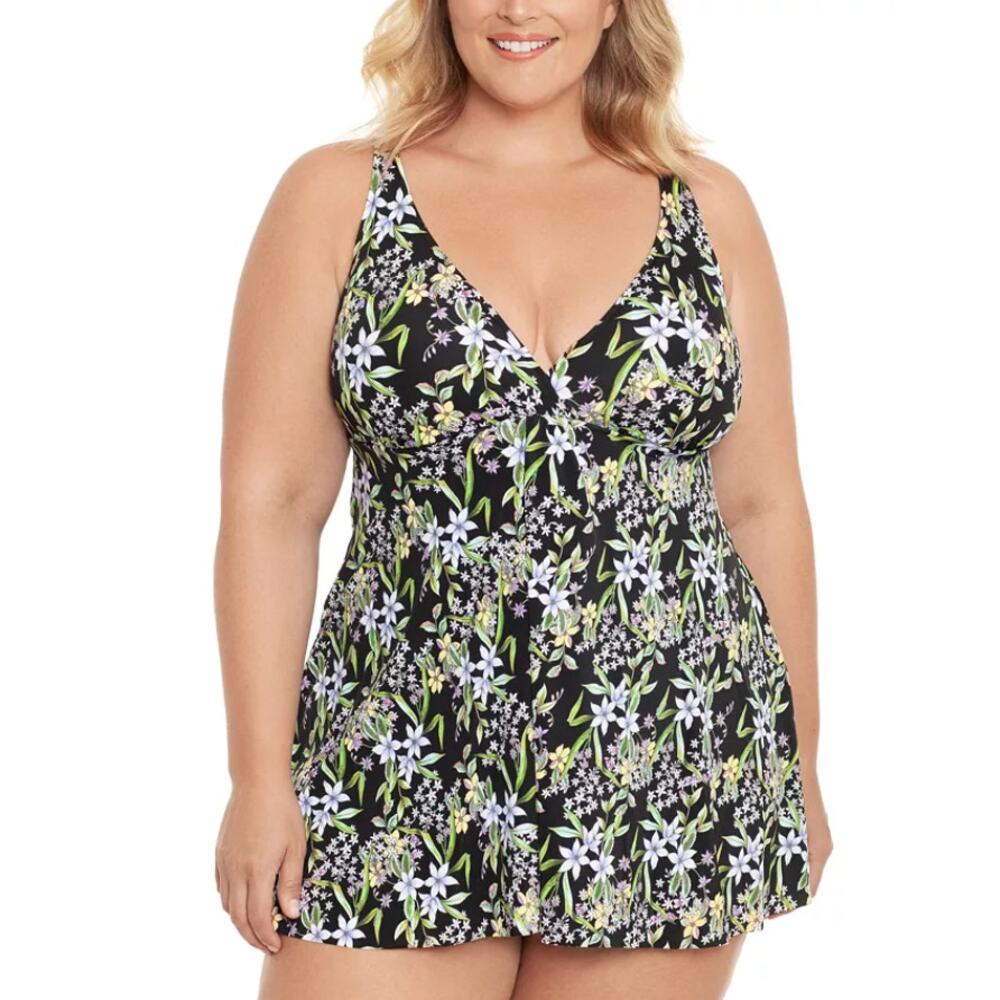 Swim Solutions Black Floral Prairie Flyaway Tummy-Control‎ Swim Dress Plus 16W